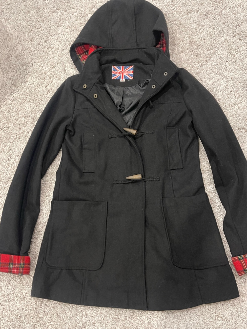 Miss London Black Hooded Pea Coat with Red Plaid Trim